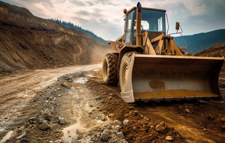 a front end loader on a dirt road, in the style of uhd image, industrial inspiration, gold and brown, 1970–present, catcore --ar 128:81 --v 6 Job ID: a1bed0c8-6d14-4808-b186-1c07a22c74ad